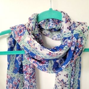 Women's lightweight blue, cranberry, mint floral print scarf with crochet trim